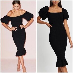 Never Fully Dressed Jojo Short Puff Sleeve Smocked Midi Dress in Black